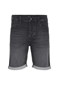 Șorturi din denim negre cu un design clasic cu cinci buzunare, cu manșete răsucite și o finișare ușor decolorată, având detalii cu butoane și nituri metalice.