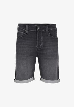 Zwarte denim shorts met een klassiek vijf-pocket ontwerp, opgerolde cuffs en een licht vervaagd effect, voorzien van metalen knopen en rivetdetails.