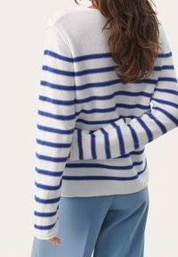 Maglione a righe bianco e blu, caratterizzato da una texture morbida, scollatura a girocollo e maniche lunghe. Abbinato a pantaloni azzurri chiari.