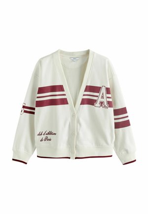 Hvid cardigan med burgunder striber, stort "A" emblem og broderet tekst. Har knaplukning foran og ribbede manchetter og kant.
