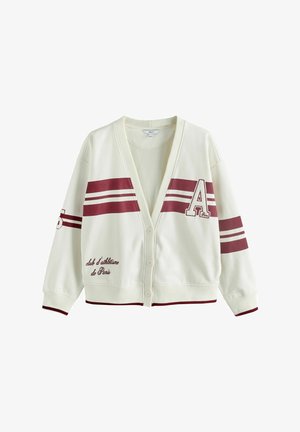 Hvid cardigan med burgunder striber, stort "A" emblem og broderet tekst. Har knaplukning foran og ribbede manchetter og kant.
