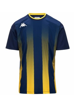 Maglia sportiva a maniche corte a righe blu navy e gialle con collo rotondo giallo e loghi Kappa bianchi sul petto e sulla spalla.