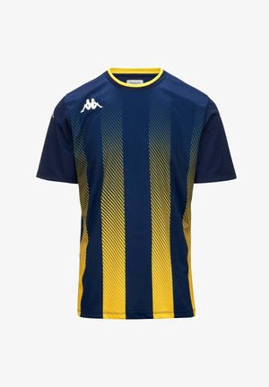 Maillot de sport à manches courtes rayé bleu marine et jaune avec un col rond jaune et des logos Kappa blancs sur la poitrine et l'épaule.