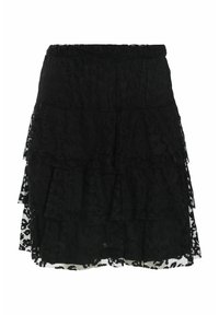 Jupe en dentelle noire avec un design à volants, couches transparentes, motif floral texturé et taille élastique.