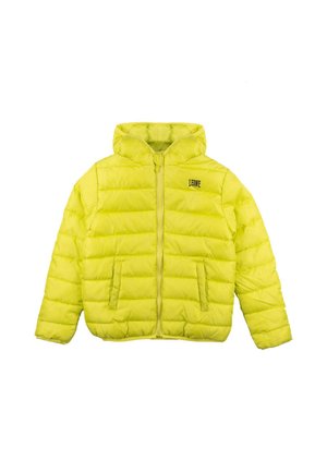 Veste matelassée jaune-vert vif avec capuche, fermeture éclair à l’avant, deux poches et logo LEONE sur la poitrine.