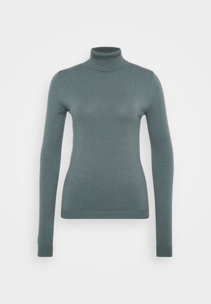 Pulover cu guler înalt și mânecă lungă, de culoare teal estompat, confecționat dintr-un material de tip ribbed, având o siluetă ajustată și o textură elastică.