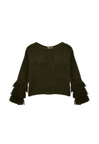 Olivgrüner, gestrickter Pullover mit Rundhalsausschnitt, ausgestattet mit Fransen an den Glockenärmeln und einer vorderen Leistentasche.
