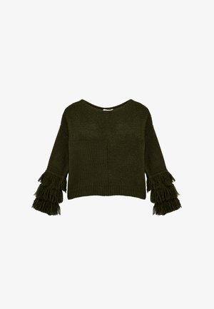 Olivgrüner, gestrickter Pullover mit Rundhalsausschnitt, ausgestattet mit Fransen an den Glockenärmeln und einer vorderen Leistentasche.