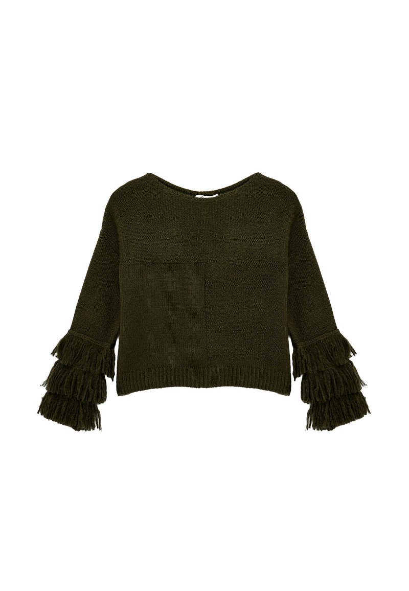Olivgrüner, gestrickter Pullover mit Rundhalsausschnitt, ausgestattet mit Fransen an den Glockenärmeln und einer vorderen Leistentasche.