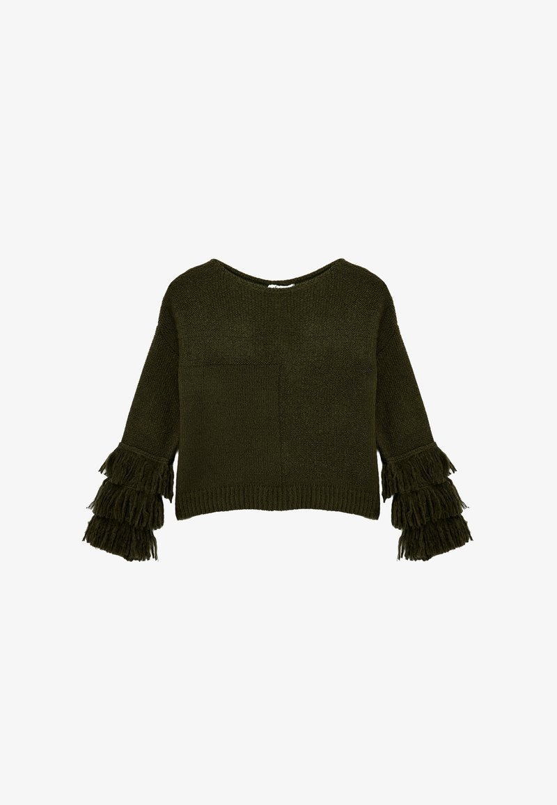 Olivgrüner, gestrickter Pullover mit Rundhalsausschnitt, ausgestattet mit Fransen an den Glockenärmeln und einer vorderen Leistentasche.