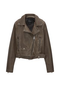 Metallic bruin motorjack van nepleer met een cropped ontwerp, ritszakken, drukknopen en een ceintuur in de taille.