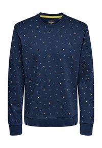 Felpa blu navy con scollatura rotonda, caratterizzata da un motivo sparso di forme gialle e blu, polsini e orlo a coste, e una texture di tessuto morbido.