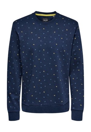 Sudadera azul marino con cuello redondo, que presenta un patrón disperso de formas amarillas y azules, puños y dobladillo de canalé, y una textura de tela suave.