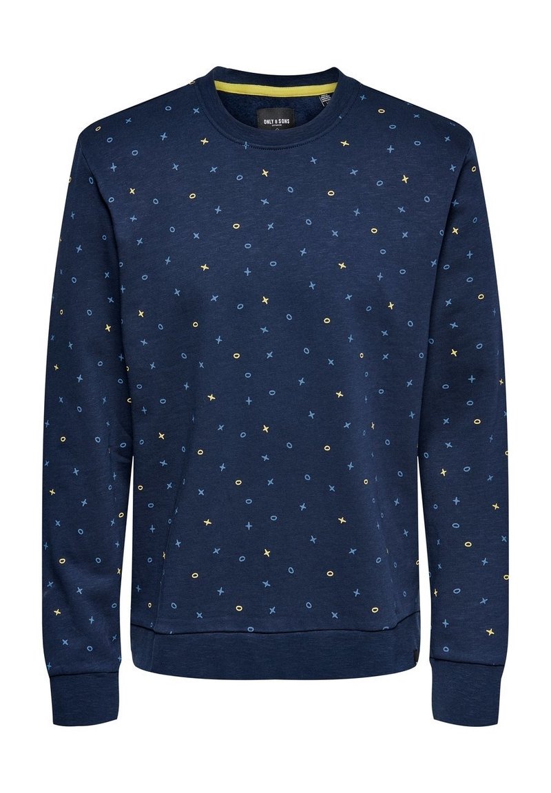 Felpa blu navy con scollatura rotonda, caratterizzata da un motivo sparso di forme gialle e blu, polsini e orlo a coste, e una texture di tessuto morbido.