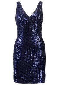 Robe à sequins bleu marine avec un décolleté en V, design ajusté et motif géométrique. Le matériau a une texture lisse et reflète la lumière.