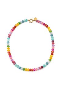 Bunte Perlenkette aus runden, glänzenden Steinen in einem Spektrum von Farben, einschließlich Türkis, Pink, Gelb und Rot. Sie hat einen goldenen Verschluss.