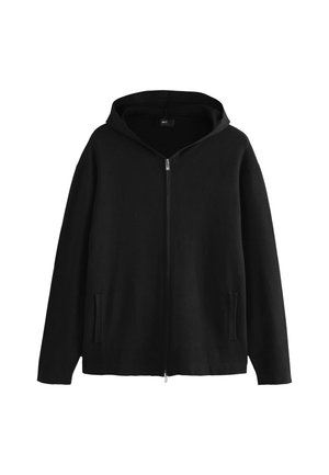 Schwarzer Kapuzenpullover mit Reißverschluss vorne, aus weichem Textilgewebe, großer Kapuze und seitlichen Taschen; lockere Passform mit herunterhängenden Schultern.
