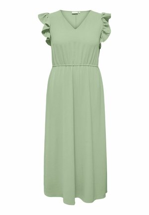 Sleeveless light green midi dress with V-neck, elastic waist, and ruffled shoulder detailing, made of textured fabric.