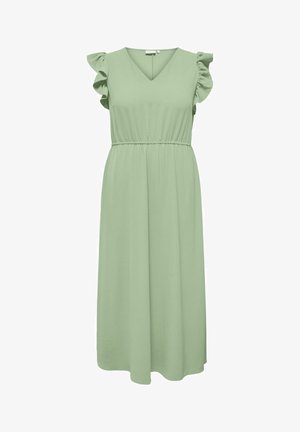 Rochie midi verde deschis fără mâneci, cu decolteu în V, talie elastică și detalii cu volane pe umeri, realizată din material texturat.