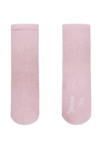Pink cotton crew socks with ribbed texture at the top, smooth body, and small logo printed on the sole. Simple, solid color design.
