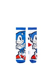 Calzini blu con un design di personaggi dei cartoni animati che presenta Sonic the Hedgehog su uno sfondo bianco, arricchiti con dettagli rossi e blu.