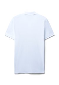 Biała koszulka polo, krótkie rękawy, materiał bawełniany, miękka faktura, klasyczny kołnierzyk, czyste linie, bez wzorów ani akcentów. Widok z tyłu.