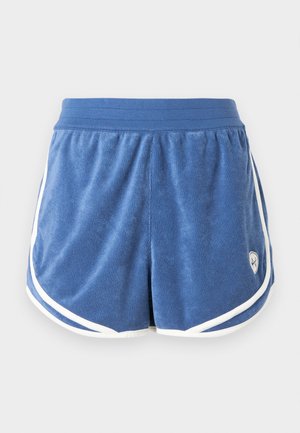 Pantaloncini sportivi in spugna blu con elastico in vita e rifiniture bianche lungo i bordi e i lati.