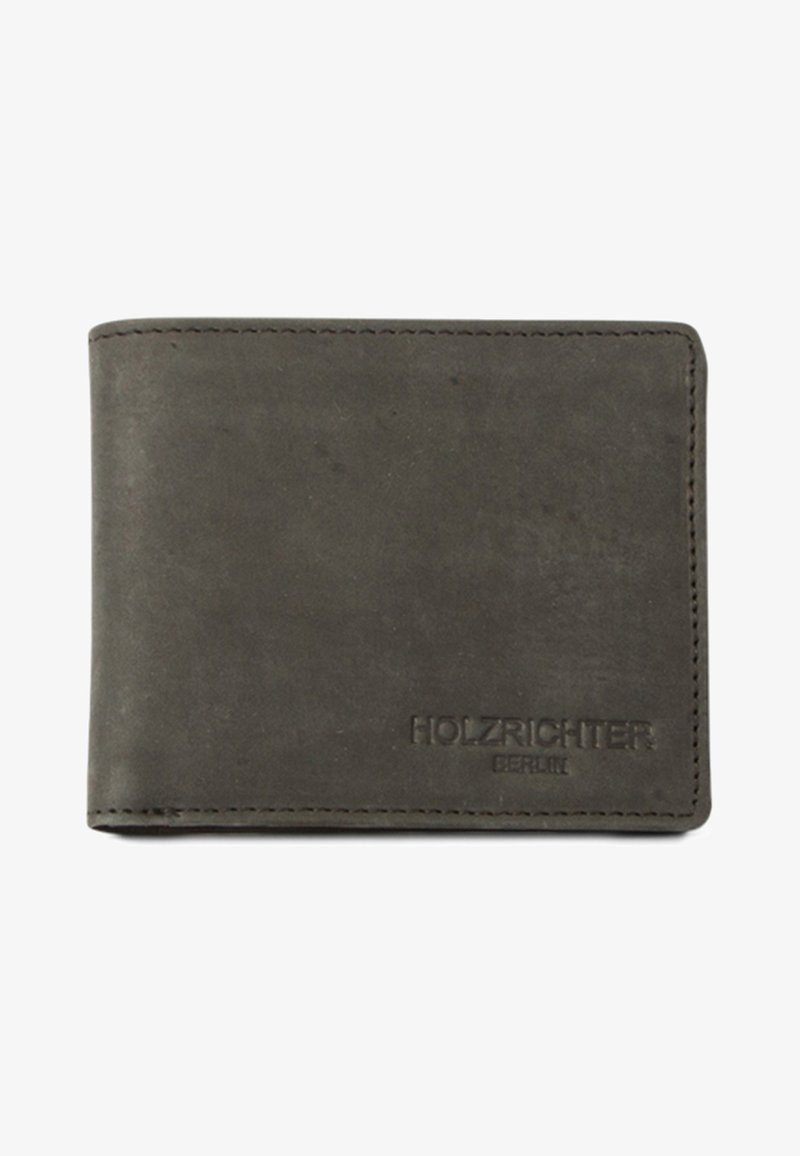 Graue Lederbörse mit glatter Textur, geprägt mit dem Logo "HOLZRICHER BERLIN" und einem klaren, minimalistischen Design.
