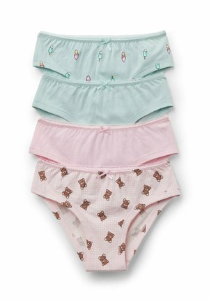 Quatre sous-vêtements pour filles en couleurs pastel : deux bleus avec des motifs de glace, un rose uni, un rose avec des motifs d’ours en peluche, chacun avec un petit nœud devant.