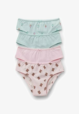 Quatre sous-vêtements pour filles en couleurs pastel : deux bleus avec des motifs de glace, un rose uni, un rose avec des motifs d’ours en peluche, chacun avec un petit nœud devant.
