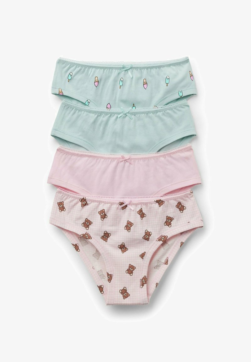 Quatre sous-vêtements pour filles en couleurs pastel : deux bleus avec des motifs de glace, un rose uni, un rose avec des motifs d’ours en peluche, chacun avec un petit nœud devant.