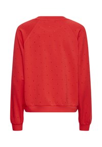 Rode sweatshirt met lange mouwen, voorzien van kleine, gelijkmatig verdeelde strass versieringen op de rug en mouwen.