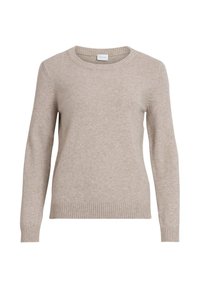 Beige trui van zacht gebreid materiaal, met een ronde halslijn en geribbelde manchetten, in een ontspannen pasvorm. Geen zichtbare patronen of accenten.