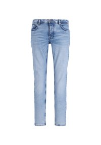 Ljusblå denimjeans med slim fit, femfickdesign och blekt tvätt. Har en knappstängning fram och bältloops.