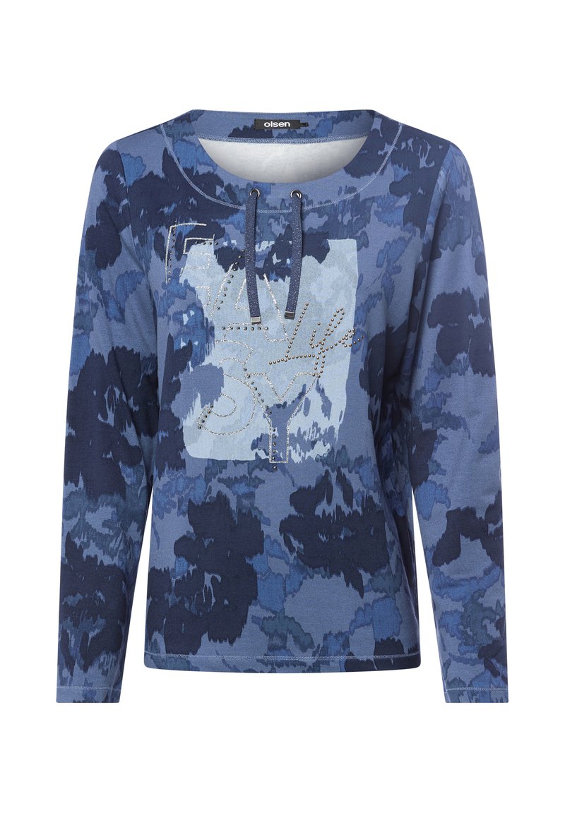 Langärme top in blauwe tinten, met een gestructureerde print en een grafisch ontwerp met strass. Inclusief een trekkoord bij de hals.