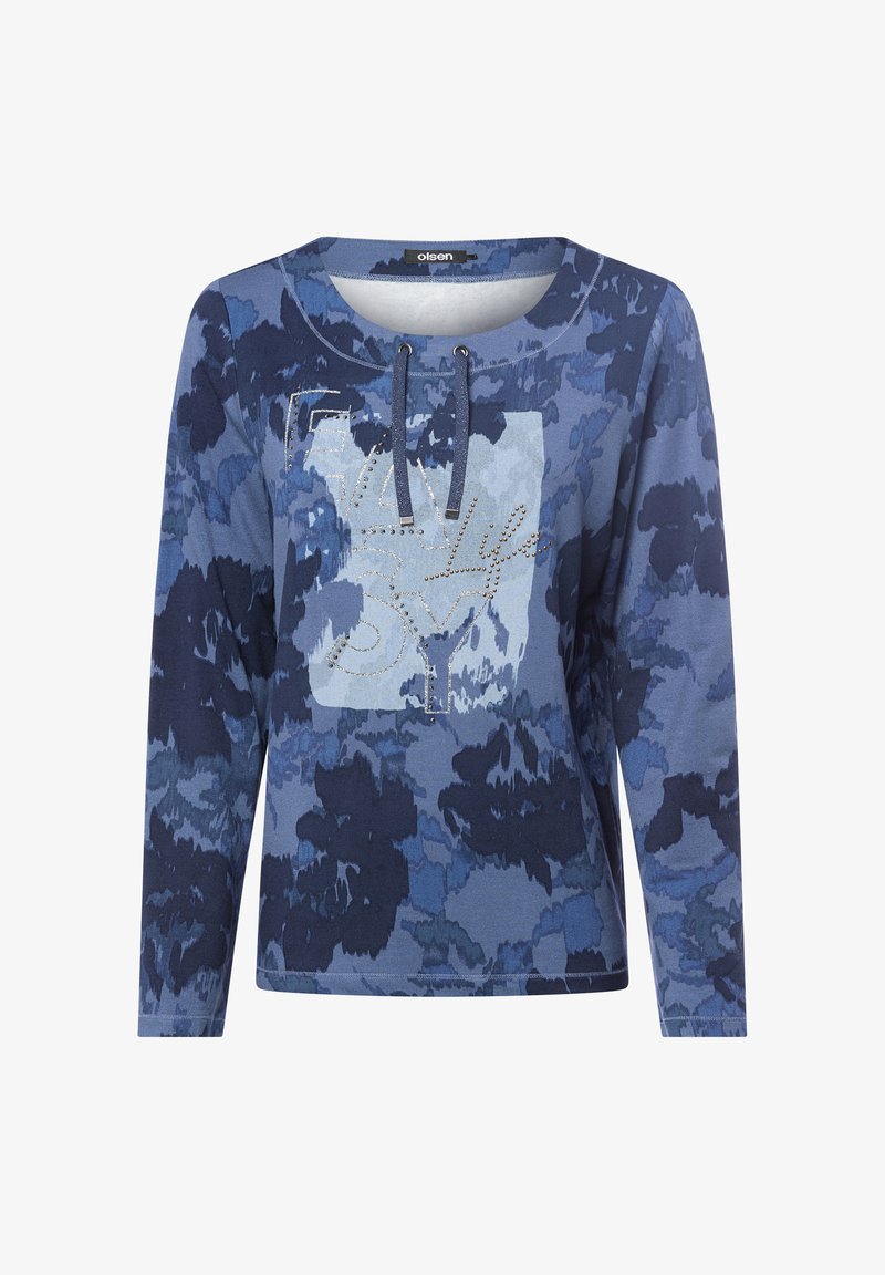 Langärme top in blauwe tinten, met een gestructureerde print en een grafisch ontwerp met strass. Inclusief een trekkoord bij de hals.