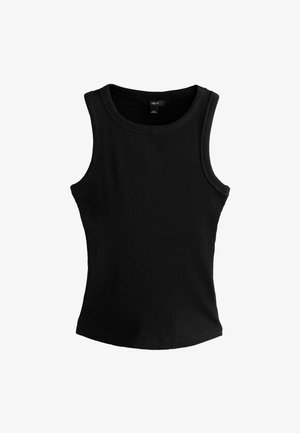 Sort ribbet tanktop med rund halsudskæring og brede stropper. Stoffet har et tekstureret mønster, og kanten er let buet i bunden.