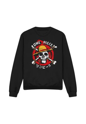 Black sweatshirt with a skull wearing a yellow straw hat, crossed bones behind, red circular background, and "One Piece" text in English and Japanese.
