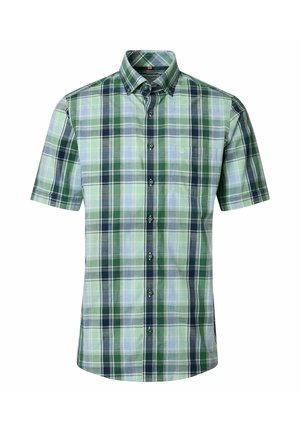 Koszula z krótkim rękawem zapinana na guziki, w zielono-niebiesko-białą kratę, z przednią kieszenią na piersi.