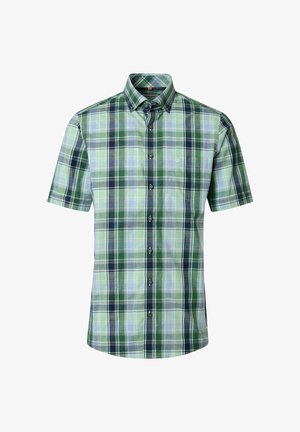 Chemise à manches courtes avec un motif à carreaux vert, bleu et blanc et une poche poitrine avant.