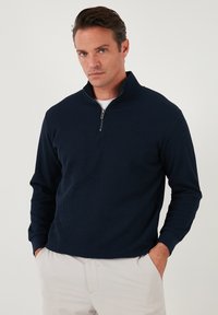 Navy zip-up pullover with a ribbed texture, long sleeves, and a high collar. Features a half zipper closure at the neck.