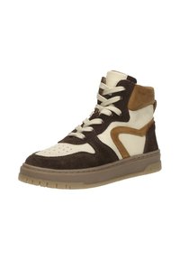 Hoge sneaker met een bruine suède en crèmekleurige leren bovenkant, met beige accenten, ronde neus en een getextureerde rubberen zool. Vetersluiting.