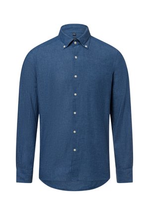 Langärmliges, blaues Hemd mit Knöpfen, aus strukturiertem Stoff mit klassischem Kragen, weißen Knöpfen und abgerundetem Saum.
