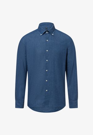 Long-sleeve blue button-up shirt made of textured fabric with a classic collar, featuring white buttons and a rounded hem.