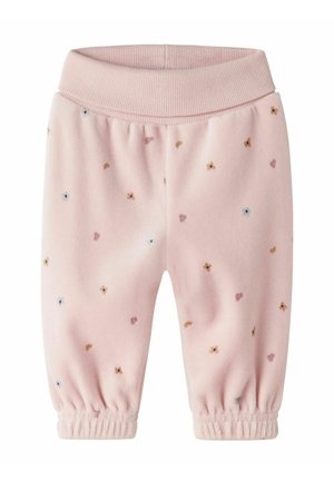 Pantalon bébé rose doux avec taille et poignets élastiques, décoré de petits motifs floraux et cœurs multicolores dispersés.