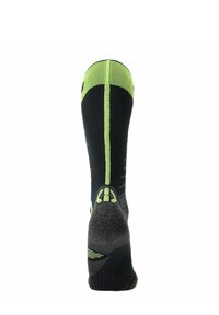 Calcetín hasta la rodilla en negro y verde con patrones texturizados, talón reforzado y parte superior acanalada. Presenta una franja vertical verde y un diseño acolchado.