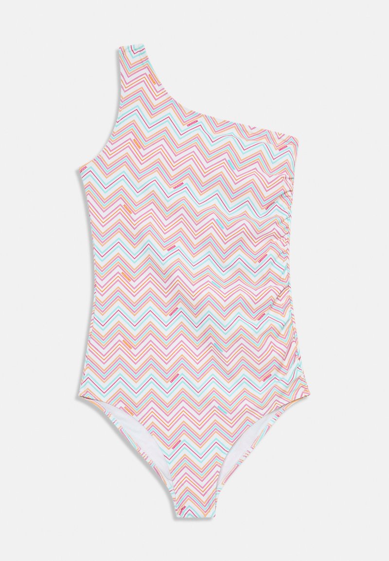 Maiô de um ombro com um padrão de ziguezague multicolorido, apresentando riscas rosas, azuis e laranja. Feito de um tecido suave e elástico.