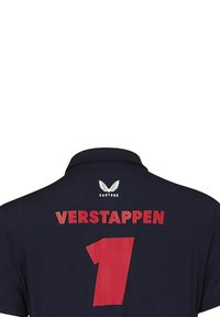 Granatowa koszulka polo z czerwonym napisem "VERSTAPPEN" i numerem "1" z tyłu. Zawiera logo skrzydła "CASTORE" nad napisem.
