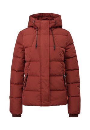 Dunkelrote Pufferjacke mit Kapuze, gestepptem Design, seitlichen Reißverschlusstaschen und elastischen Bündchen für Wärme und Komfort.