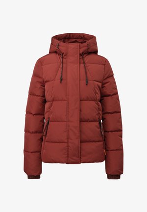 Giubbotto imbottito di colore rosso scuro, con cappuccio, design trapuntato, tasche laterali con zip e polsini elasticizzati per calore e comfort.